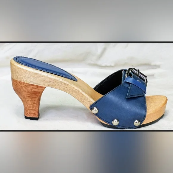 Pluto Elegant Buckle Sandal Mules Wooden Heel Platform Handmade Genuine Leather - Picture 2 of 2